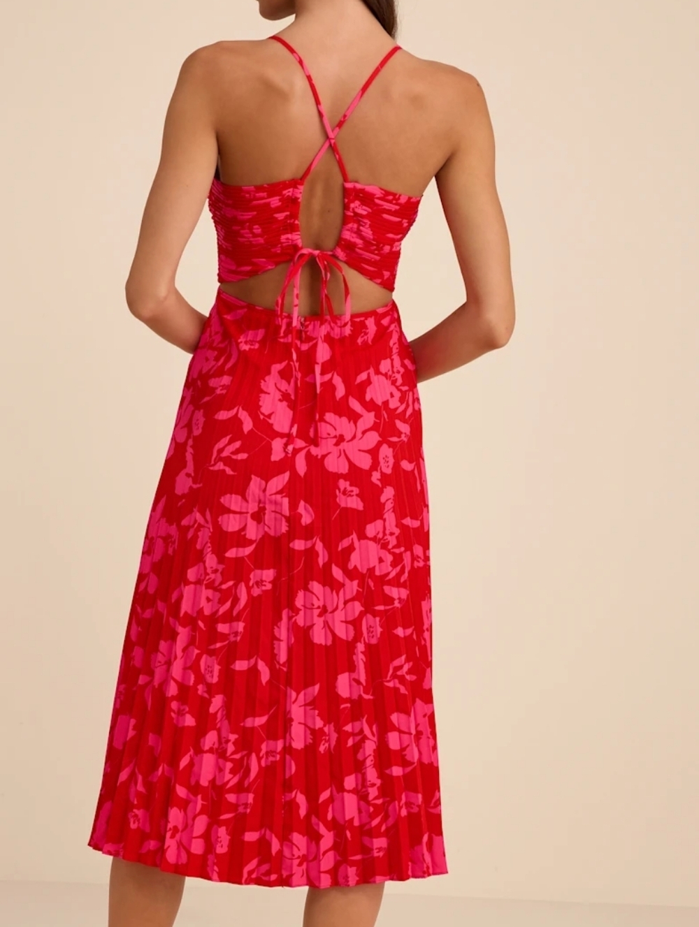 Lulu's Vibrant Lace Zip Red & Pink Floral Pleated Midi Dress Medium - Picture 4 of 8